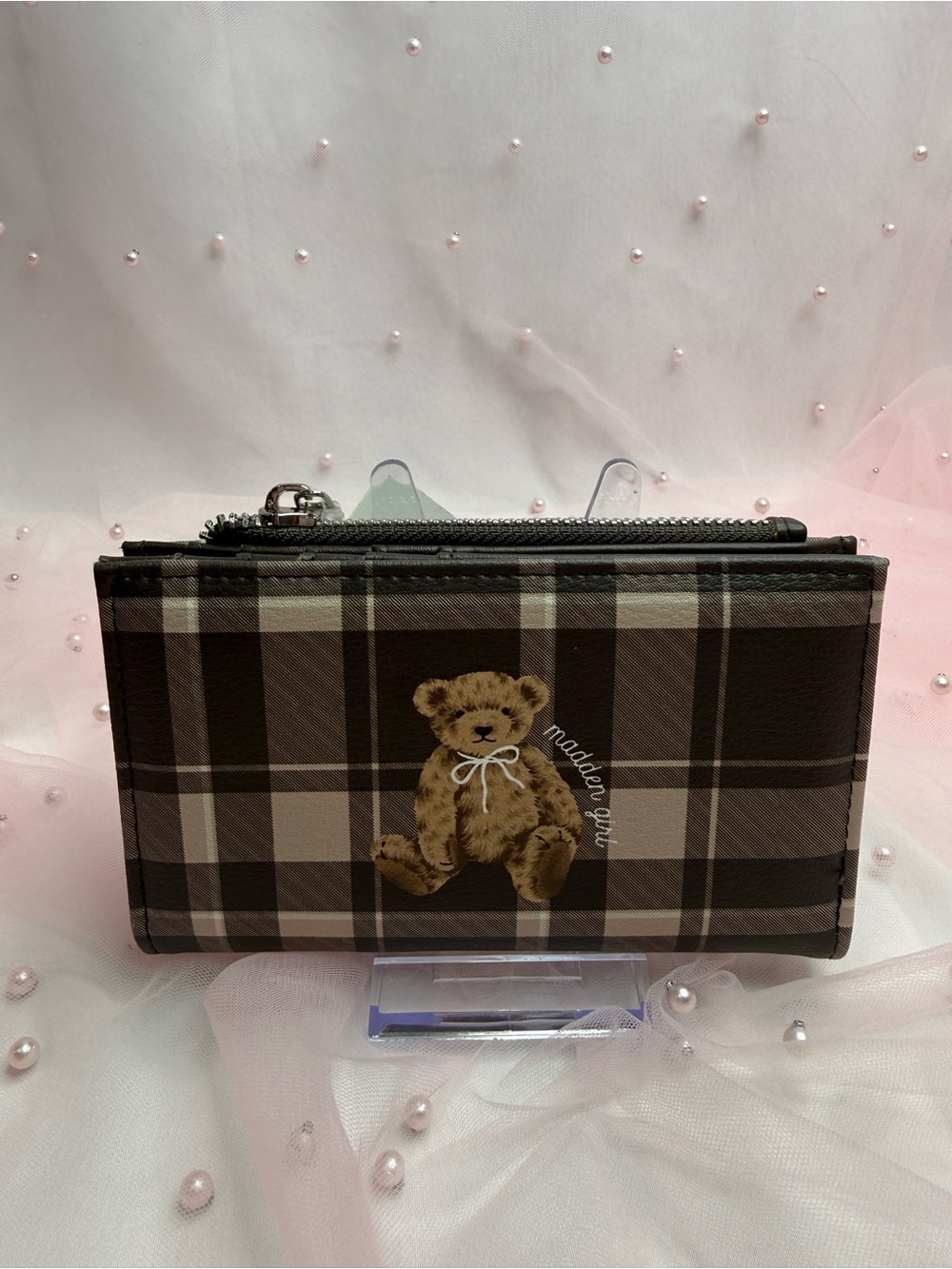 Madden Girl Brown Plaid Teddy Zip Wallet